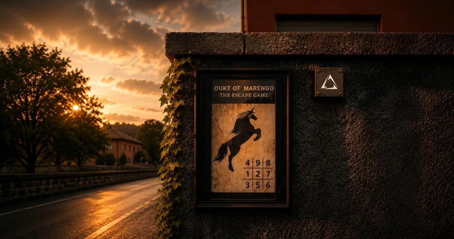 Duke of Marengo escape game poster on a city wall at sunset