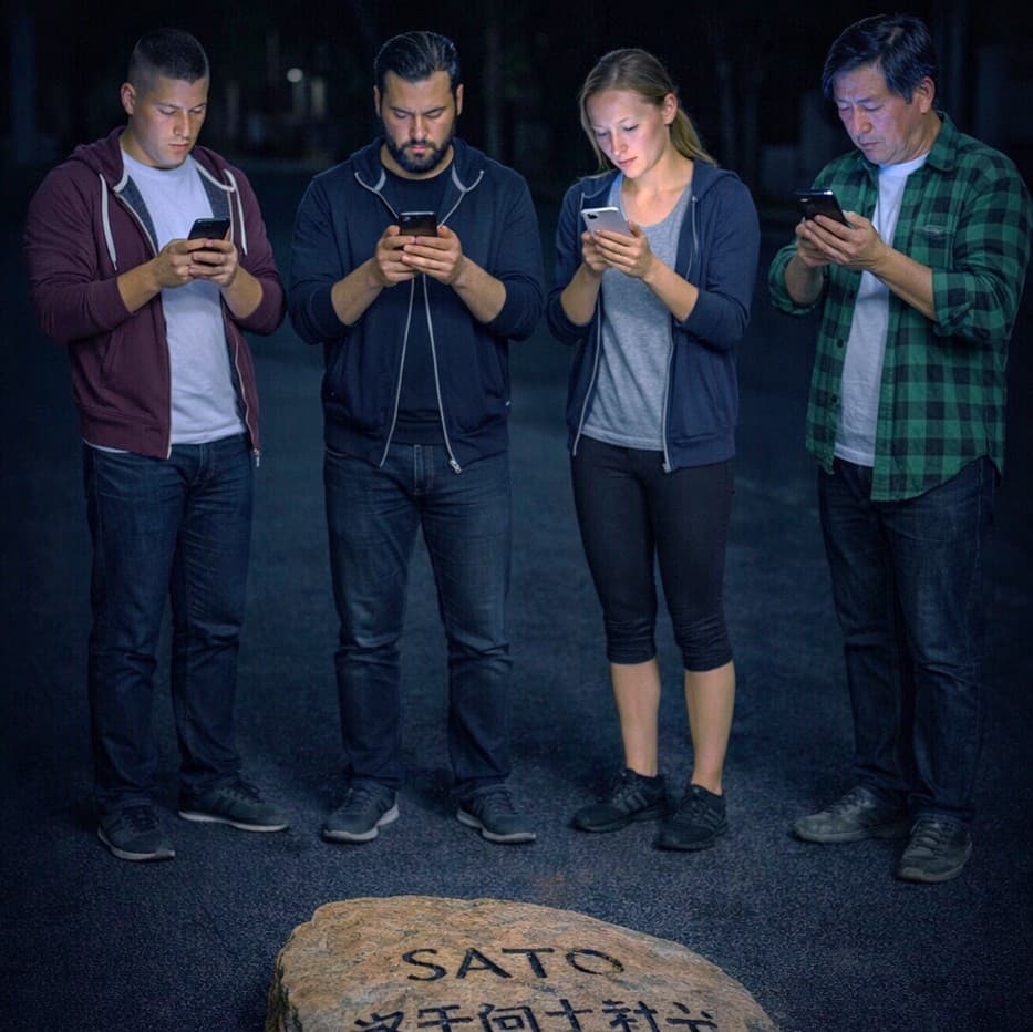 Gruppo di giocatori guarda ciascuno il proprio smartphone durante un escape game outdoor