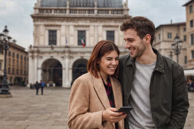 Freunde spielen ein Outdoor Escape Game im Zentrum von Brescia