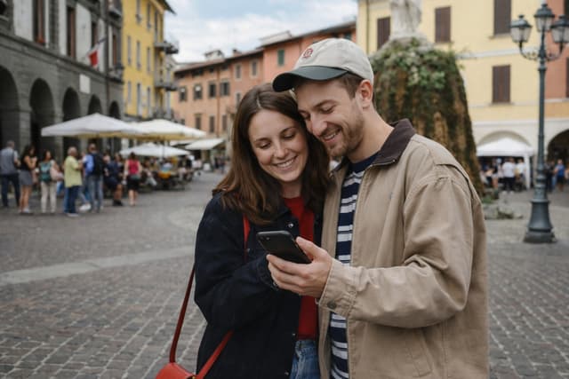 Friends playing an outdoor escape game in Iseo city center