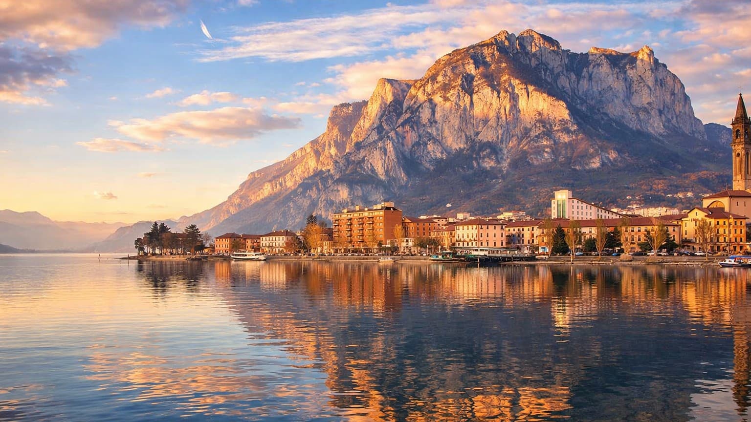 Panoramic view of Lecco and Lake Como surrounded by the Alps